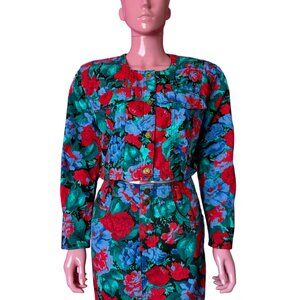 Vintage 80s/90s M Paris Blues Denim 2-Piece Set Cropped Jacket Mini Skirt Floral